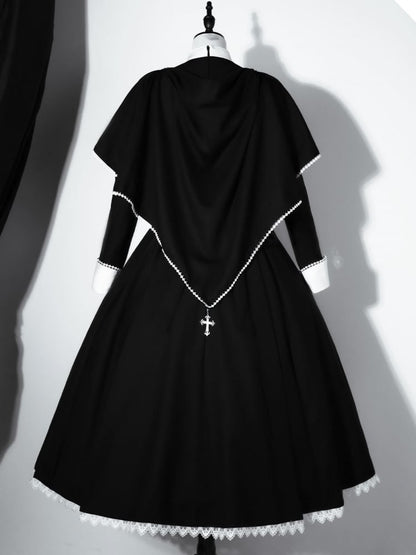 Black White Cross Embroidery Lolita Cape Dress Set
