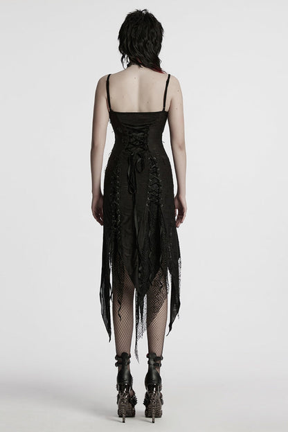 Ripped Party Slip Dress with Asymmetric Lace Trim - NoirEdge