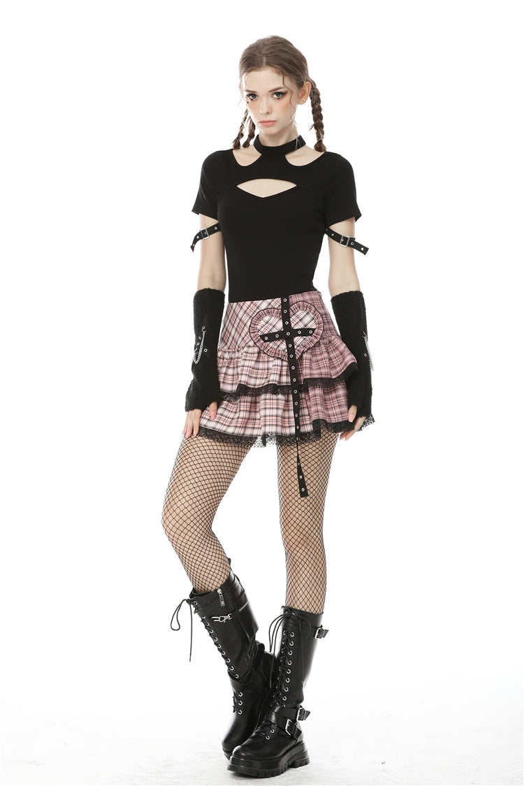 Pink Heart Plaid Double-Layer Ruffled Mini Skirt with Lace Hem