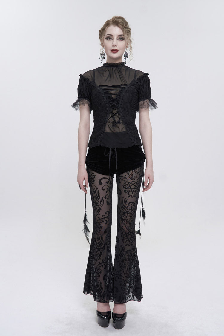 Gothic Women's Long Flared Trousers with Faux Two-Piece Feather Pendant and Mesh Side Panels