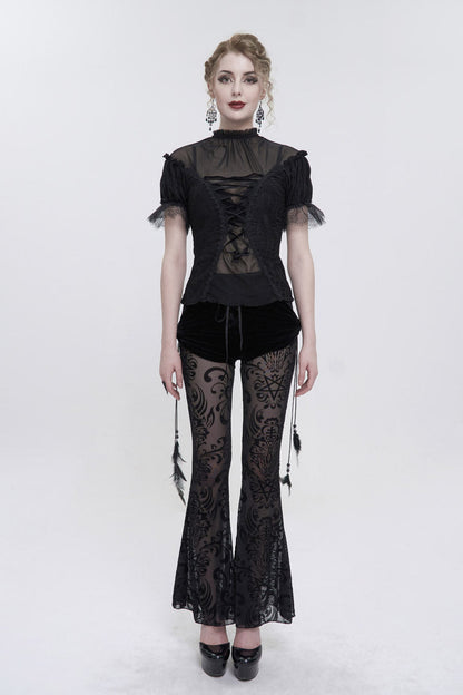 Gothic Women's Long Flared Trousers with Faux Two-Piece Feather Pendant and Mesh Side Panels