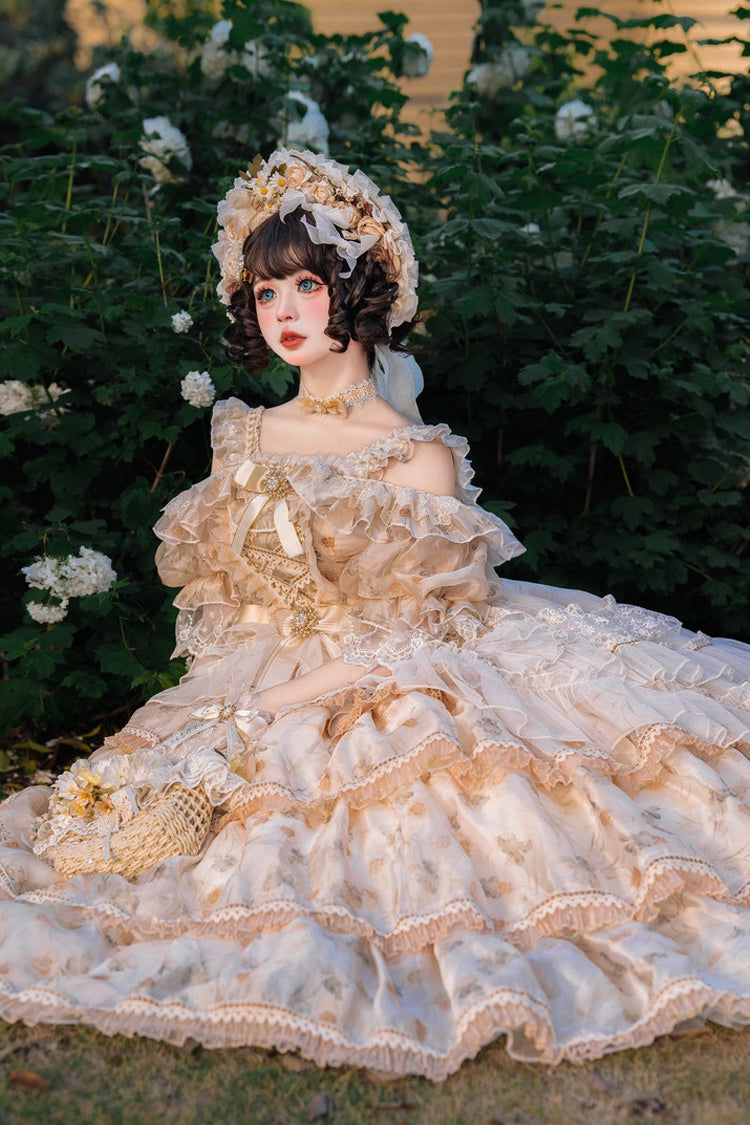 Rose Letter Off Shoulder Triple Layer Print Ruffle Hanayome Princess Lolita in Yellow