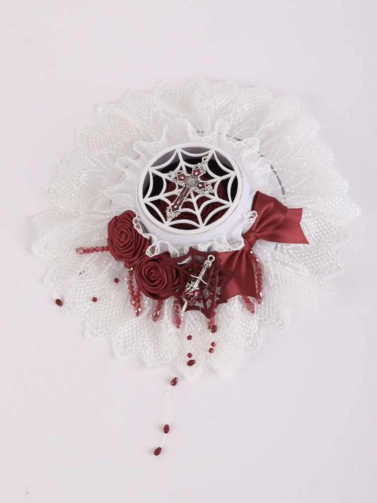 Cross and Sword White Lce Red Rosettes Bowknot Mini Hat