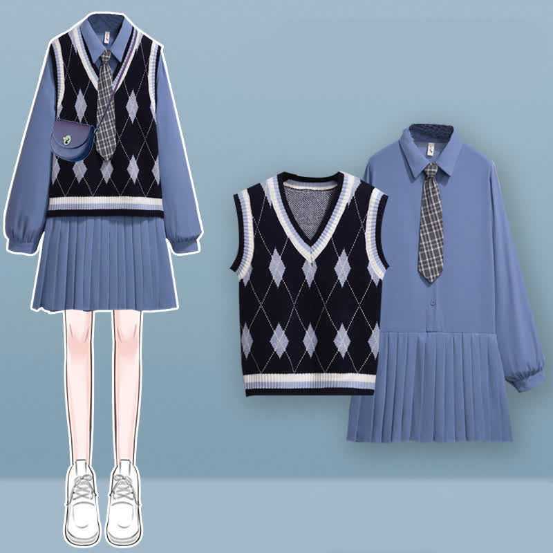 Dress Tie Print Vest Rhombus Lapel Set Pleated Shirt