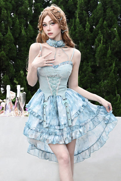 Tie-Dyed Train JSK with Double Ruffle Bow and Lace