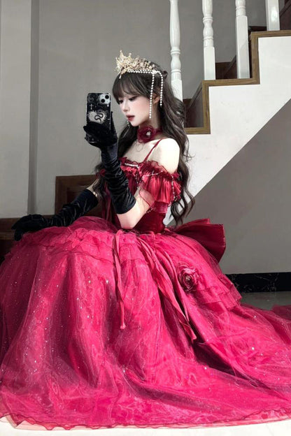 Bright Stars Off Shoulder Ruffle Bowknot Asymmetric Sweet Princess Dress