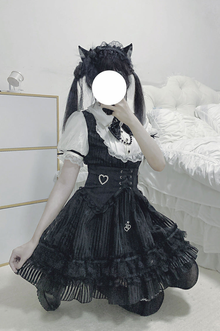 Stripe Print Bowknot Lace Gothic Jirai Kei Dress