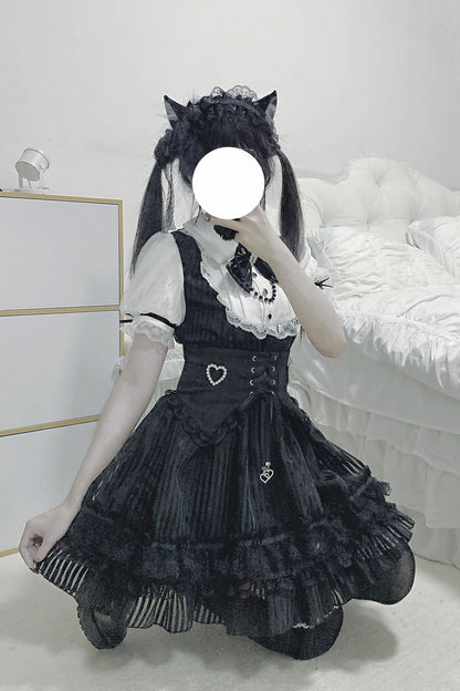 Stripe Print Bowknot Lace Gothic Jirai Kei Dress