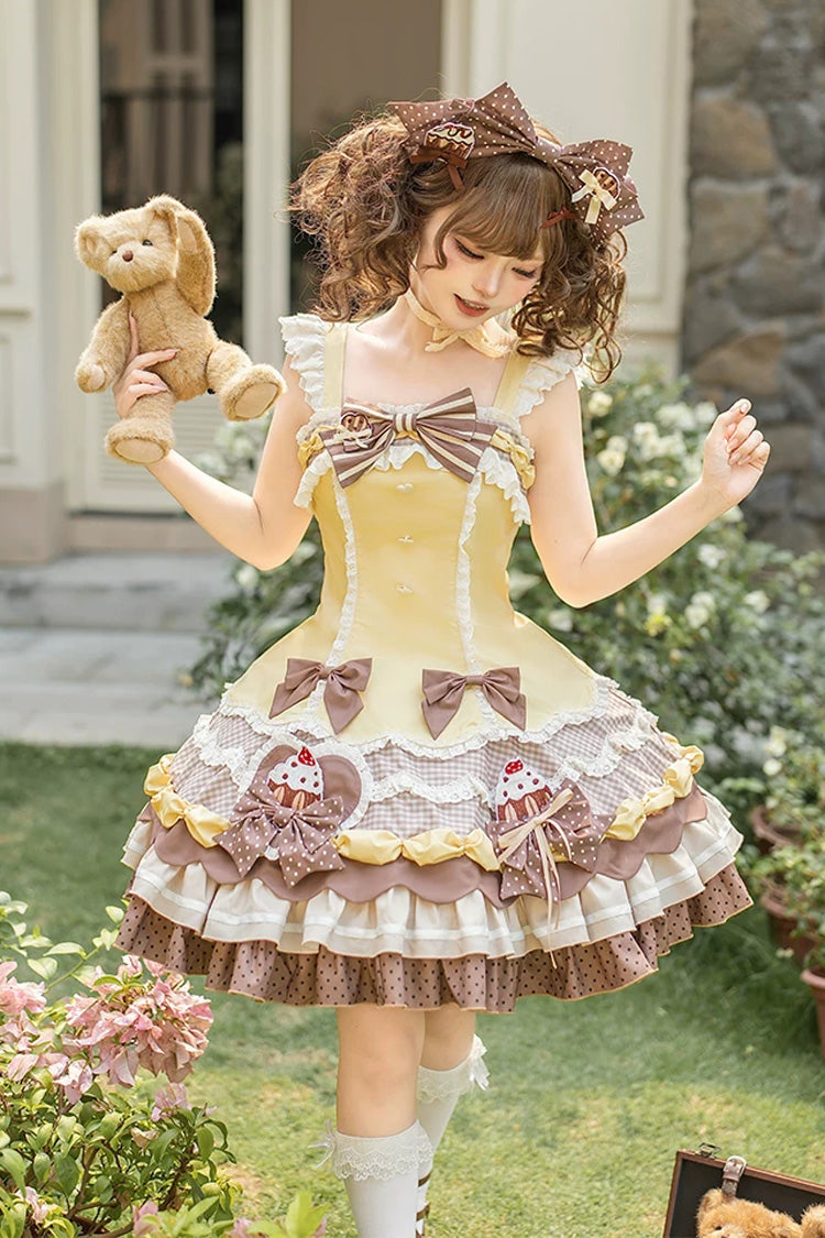 Polka Dot Cake Multi-Layer Ruffled Bow Sweet Lolita JSK in Yellow Brown