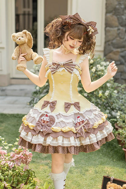 Polka Dot Cake Multi-Layer Ruffled Bow Sweet Lolita JSK in Yellow Brown