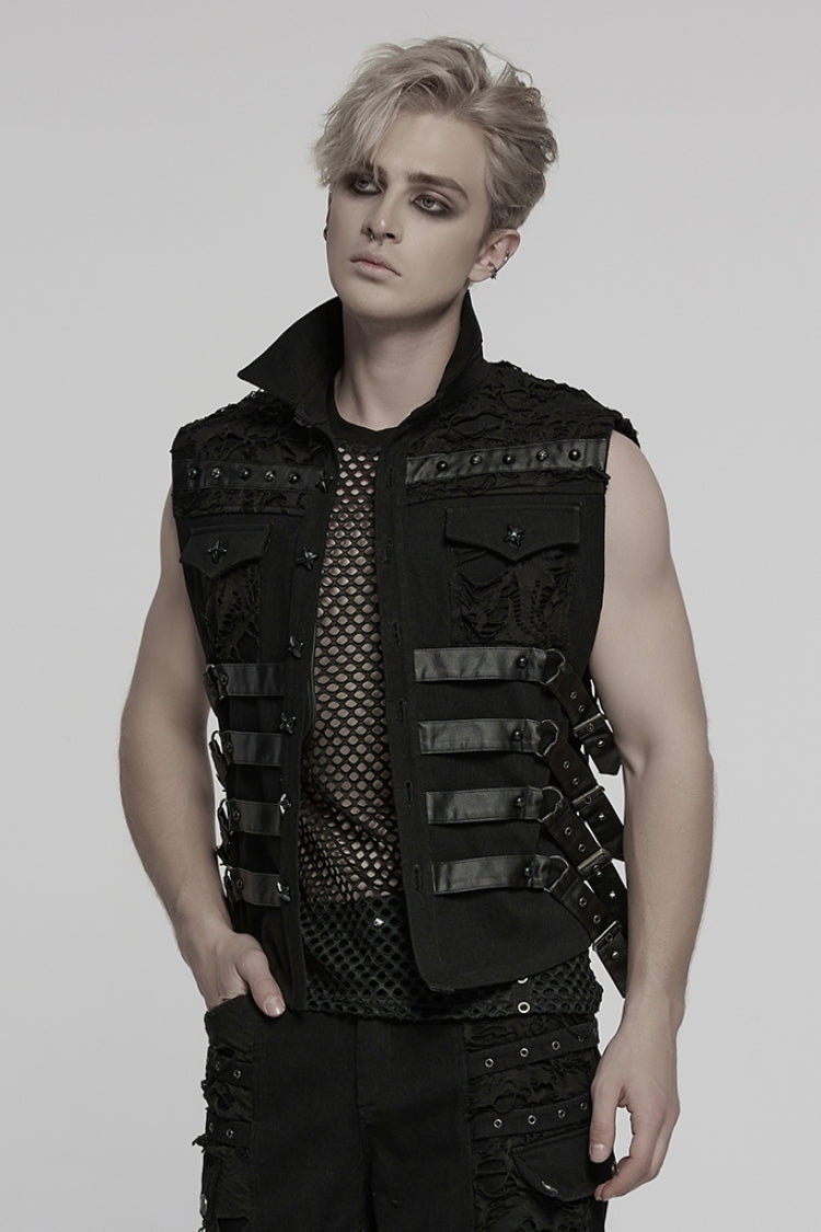 Men's Punk Vest with Rivet Buckles and Mesh Stitching