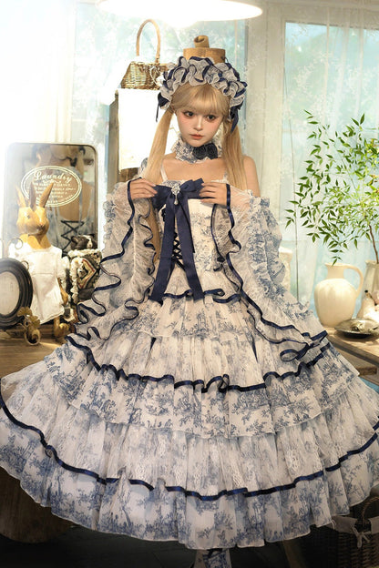 Blue White Sleeveless Multi-Layered Print Bowknot Fishbone Sweet Classic Chinese Style Lolita Jsk Long Dress