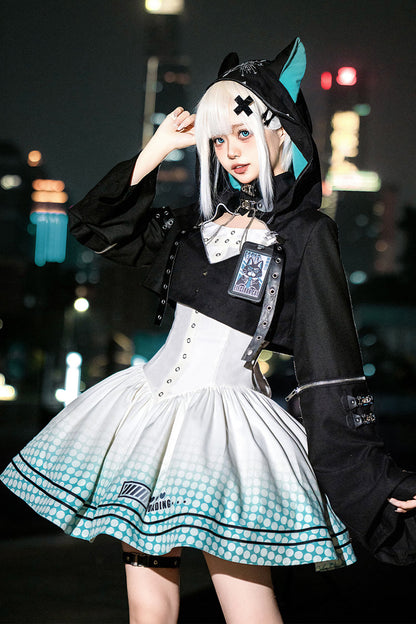 Black and Ivory Electronic Cat Print Future Suit Gothic Cool Lolita Dress