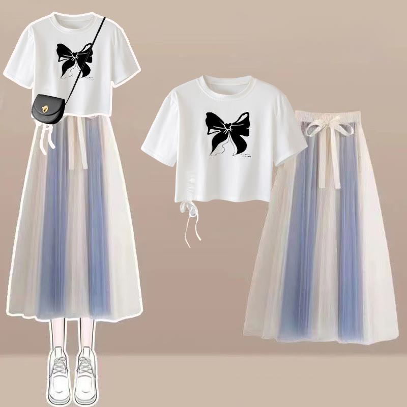 Drawstring Print Loose T-Shirt Tulle Skirt