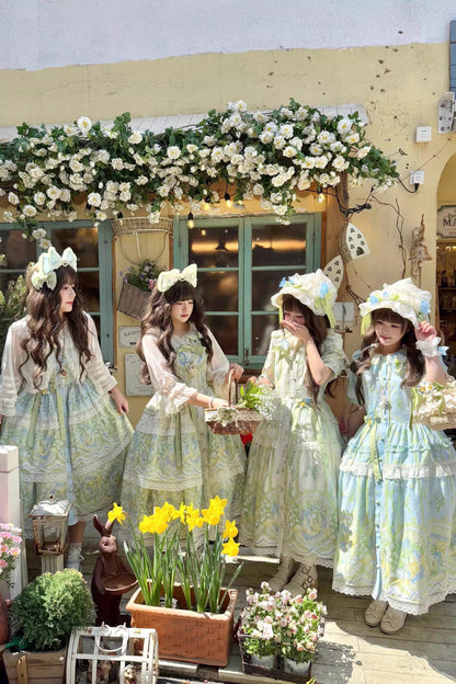 Blue Green Lily of the Valley Perfume Pearl Candy Tea Doll Collar Short Sleeve Print Lace Plus Sweet Lolita OP