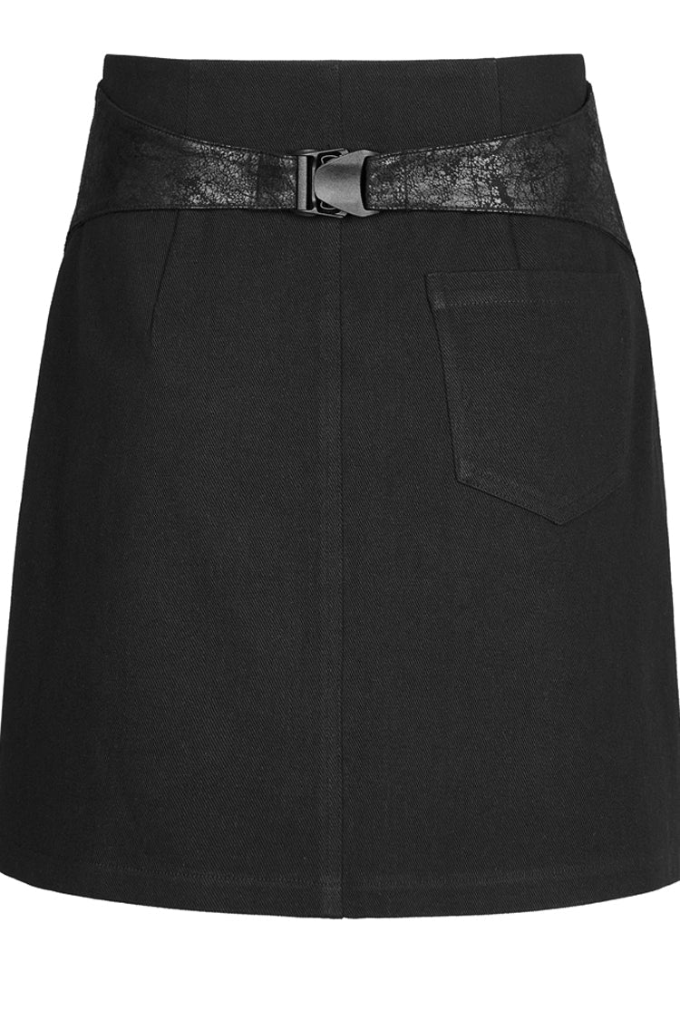 High Waist Punk Skirt with Cross Strap and Metal Zipper in Black Faux Leather