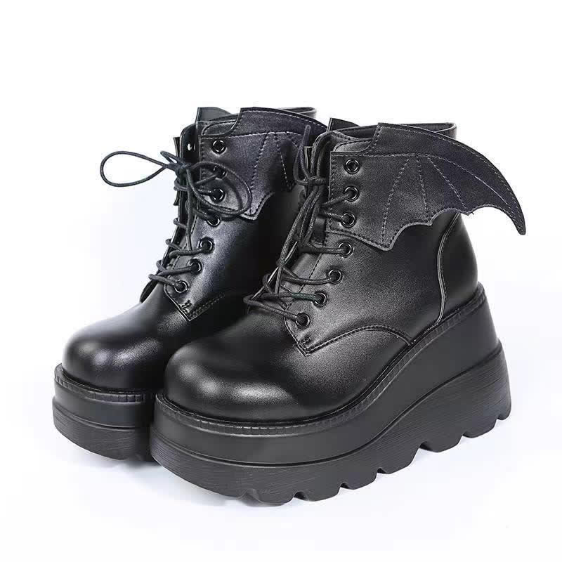 Schwarze Punk Goth Wings Schnürstiefel mit hohem Keilabsatz