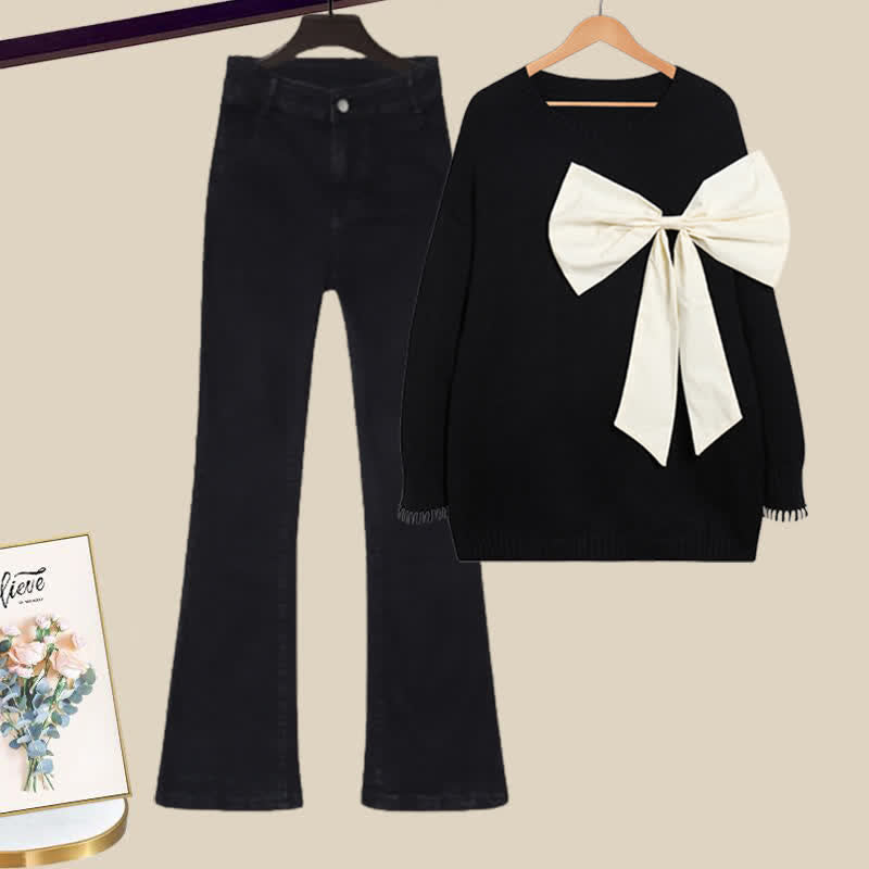 Bow Black Sweater Denim Pants Set Decor Knit