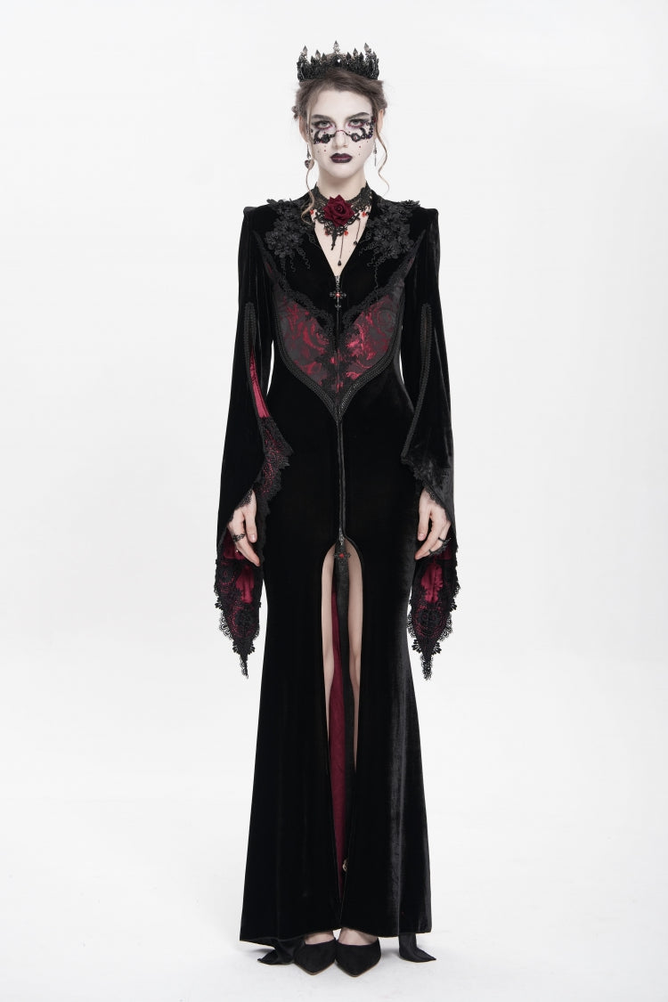 Trumpet Sleeve Floral Embroidered Velvet Gothic Dress