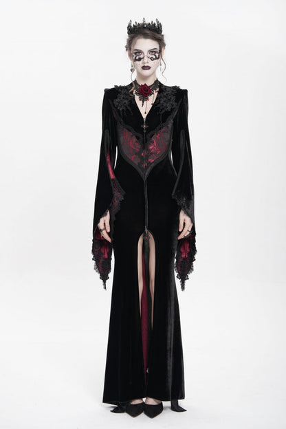 Trumpet Sleeve Floral Embroidered Velvet Gothic Dress
