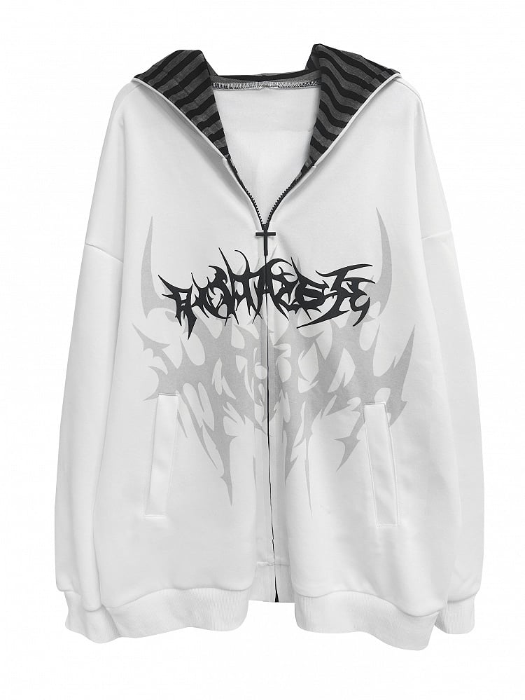 White Emo Punk Graphic Zip Hoodie