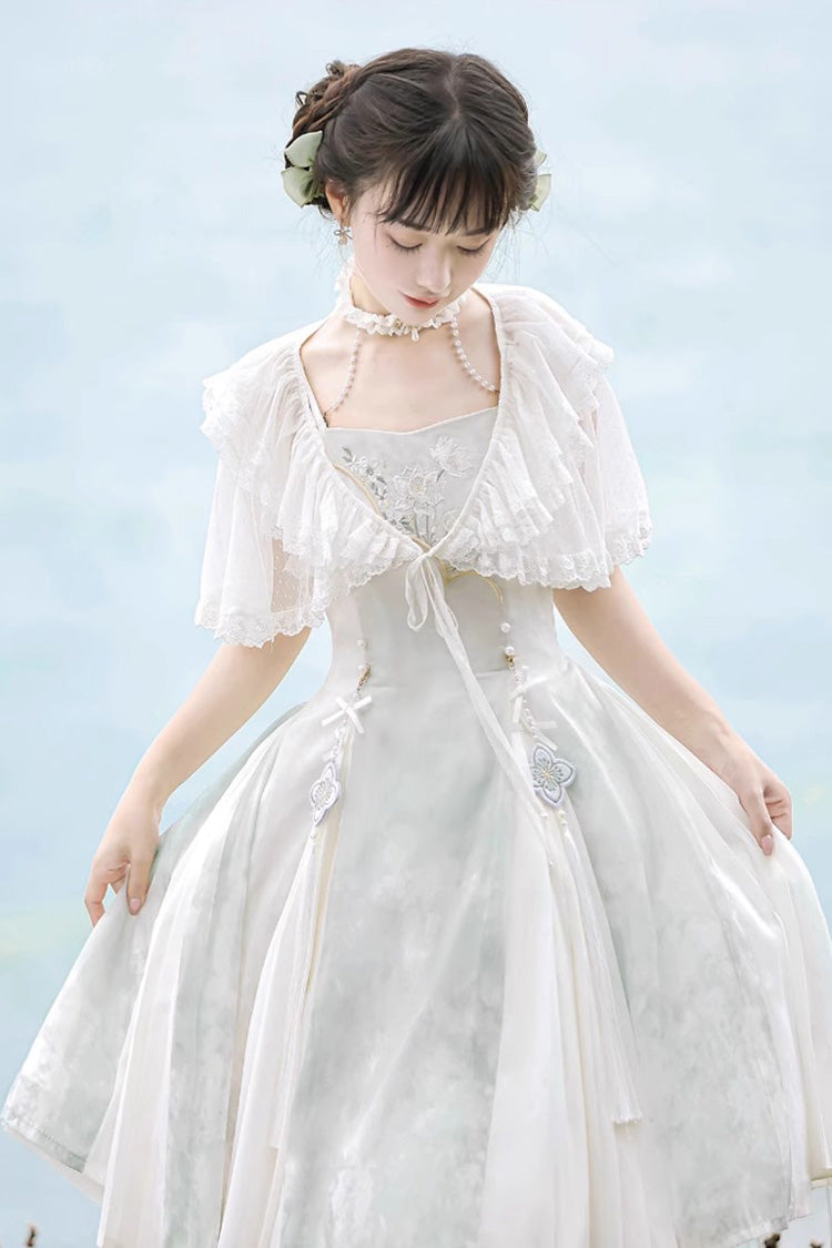 White Summer Dream Lotus Sleeveless Chinese-Style Sweet Qi Lolita JSK Dress