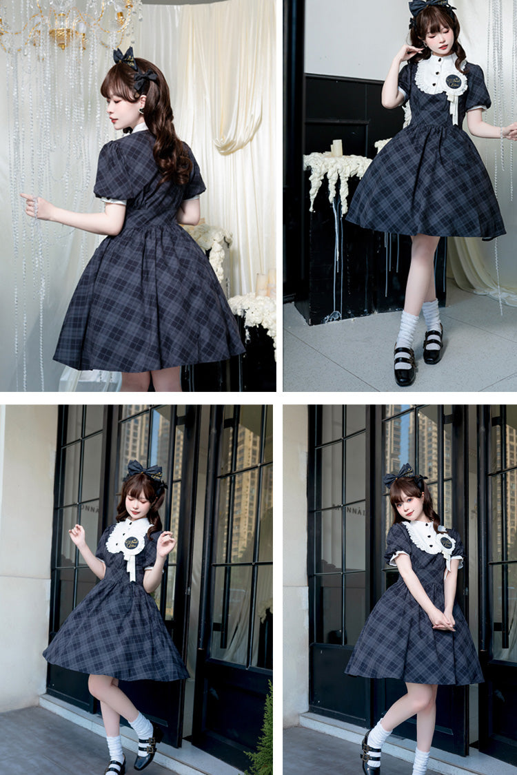 Showa Girls Summer Plaid Short Sleeves Classic Princess Lolita Dress