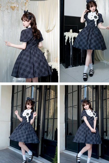 Showa Girls Summer Plaid Short Sleeves Classic Princess Lolita Dress