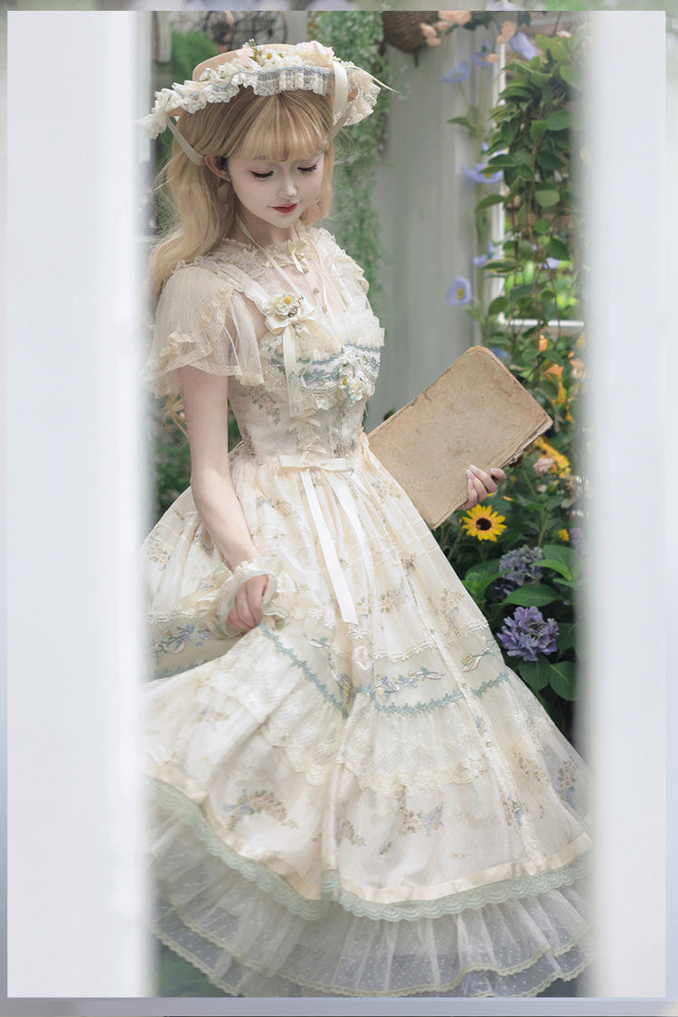Multicolor Daisy Poetry Print Ruffle Lace JSK Dress