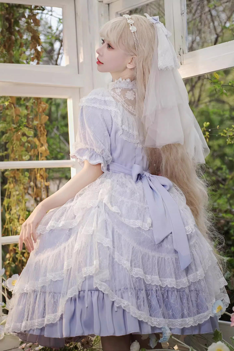 Purple Jacquard Bowknot OP Dress - Sweet Elegant Lolita