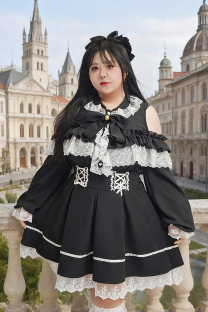 Black Off-Shoulder Ruffle Bow Lace Plus Size Blouse & Skirt Set