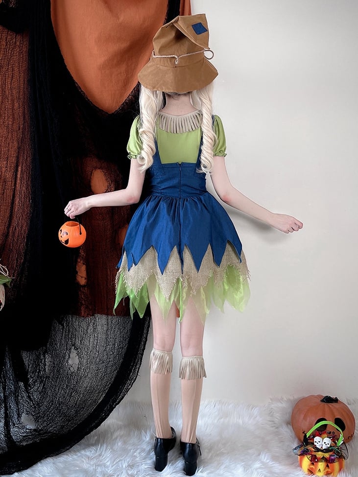 Halloween Green Blouse and Blue Dress Scarecrow Costume