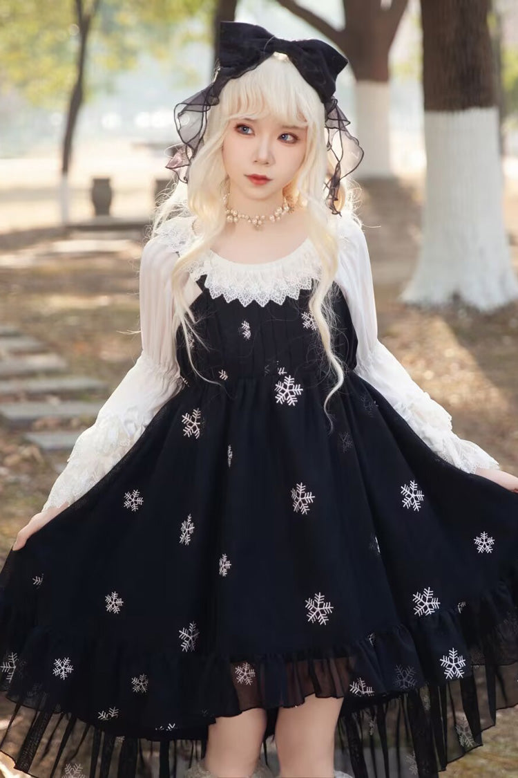 Feather Snowflake Embroidery Print Sleeveless Ruffle Bow Sweet JSK Dress