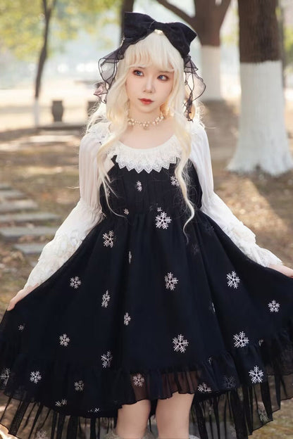 Feather Snowflake Embroidery Print Sleeveless Ruffle Bow Sweet JSK Dress