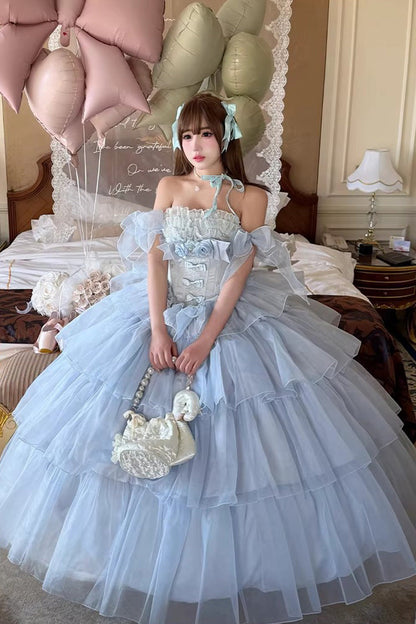 Multi-Layered Sleeveless Dress with Hanayome Bow and Ruffles