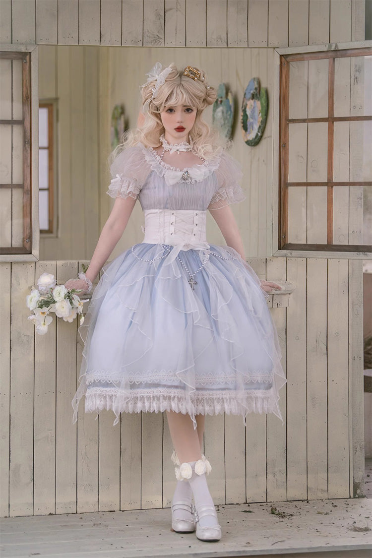 Blue Round-Collar Mermaid Tears Short-Sleeved Bow-Trim Sweet Princess Lolita Dress
