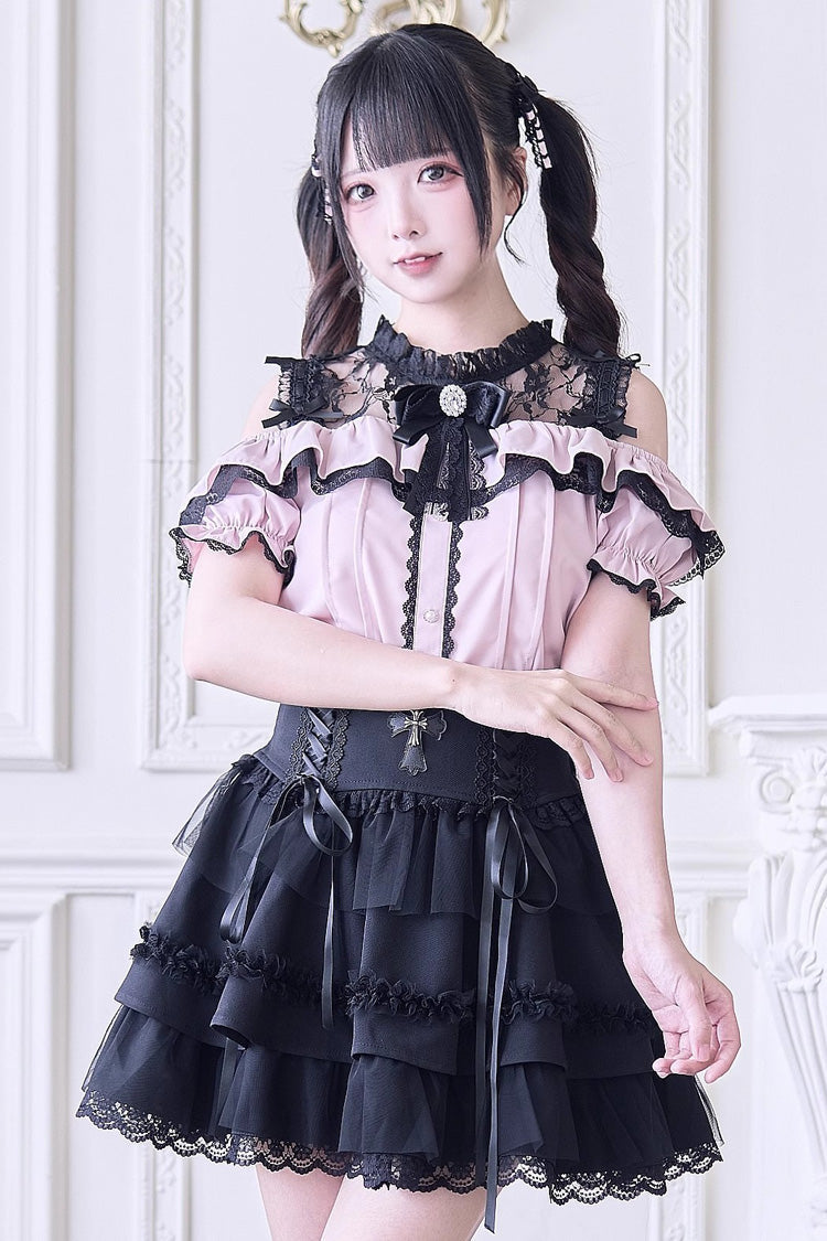 Off Shoulder Short Sleeves Hollow Bowknot Jirai Kei Japanese Blouse