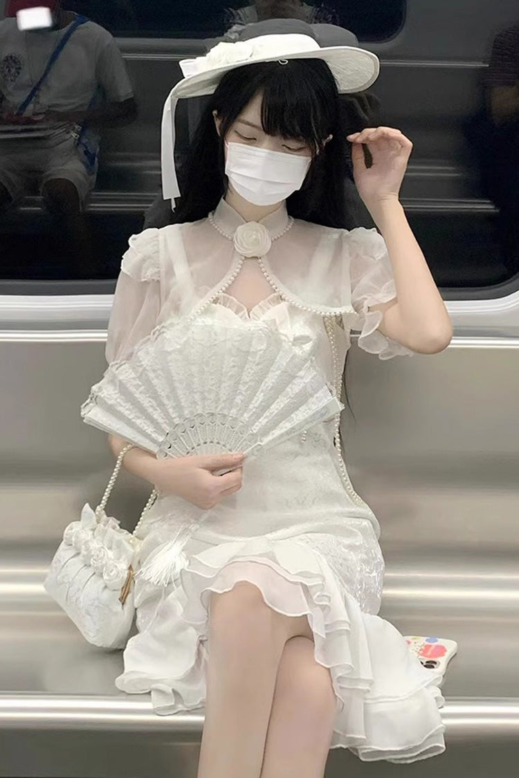 Camellia Rose Asymmetric Ruffled Gothic Chinese Elegant Lolita JSK Dress in Three Colors