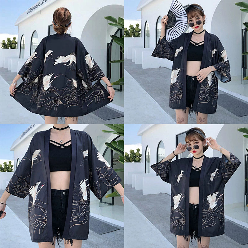 Kimono chinois vintage à motif grue - Vêtements d'extérieur pour protection solaire