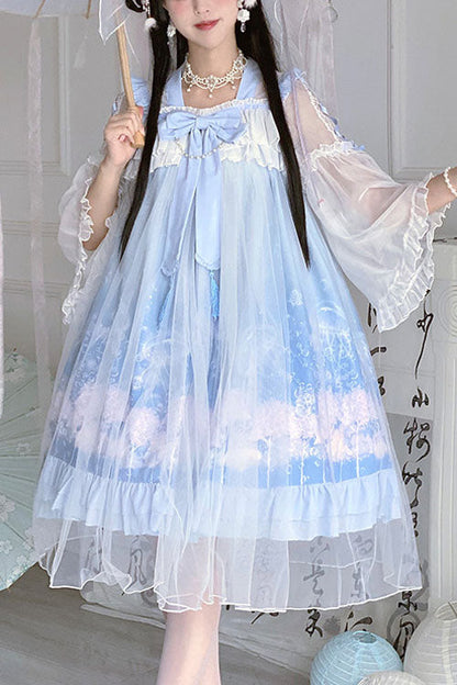 Blue Sweet Lolita Dress Jellyfish Print Bowknot Chinese Style - Altfashion Shop