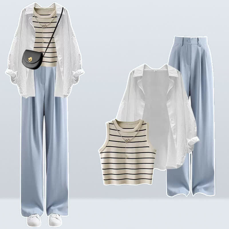 Chic Stripe Cami Top Long Sleeve Shirt High Waist Casual Pants