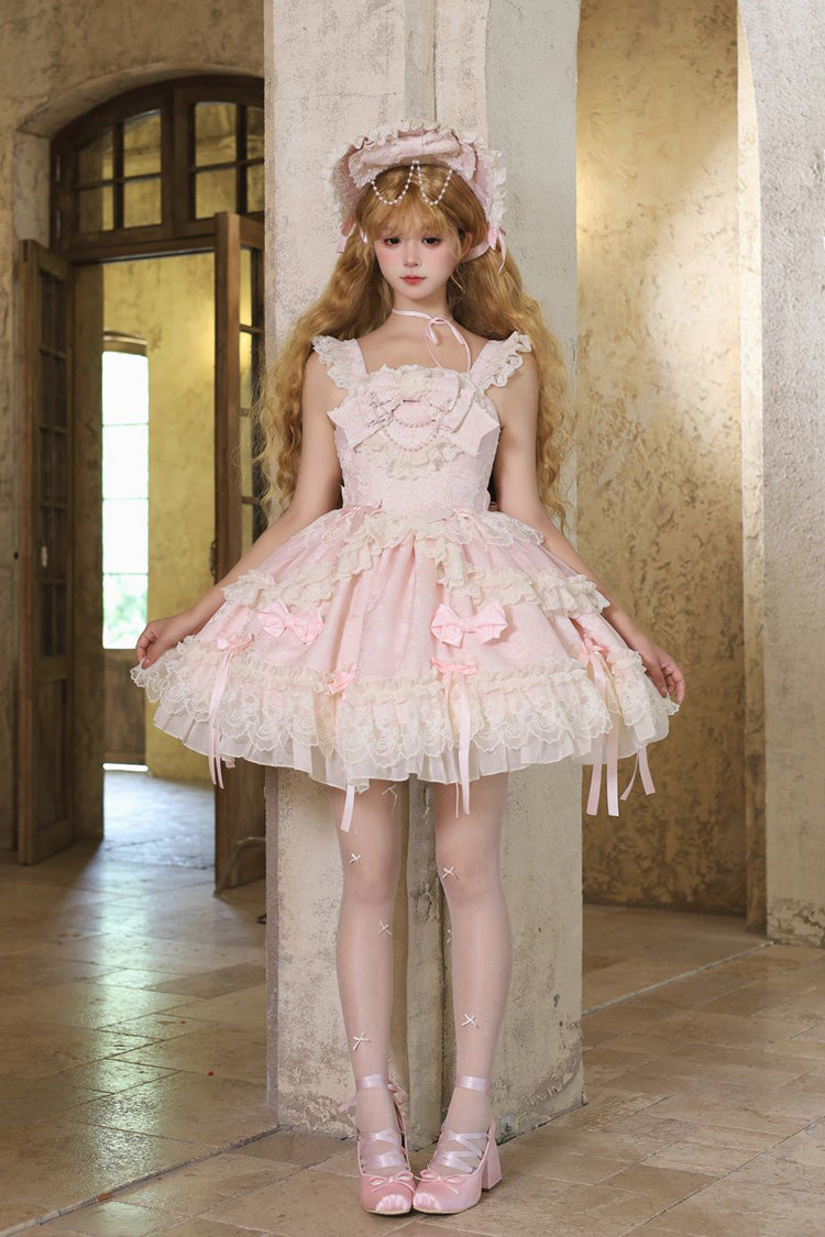 Pink Blossoming Heart Love Sleeveless Dark Jacquard Print Bow Lace Sweet Lolita Jsk Dress