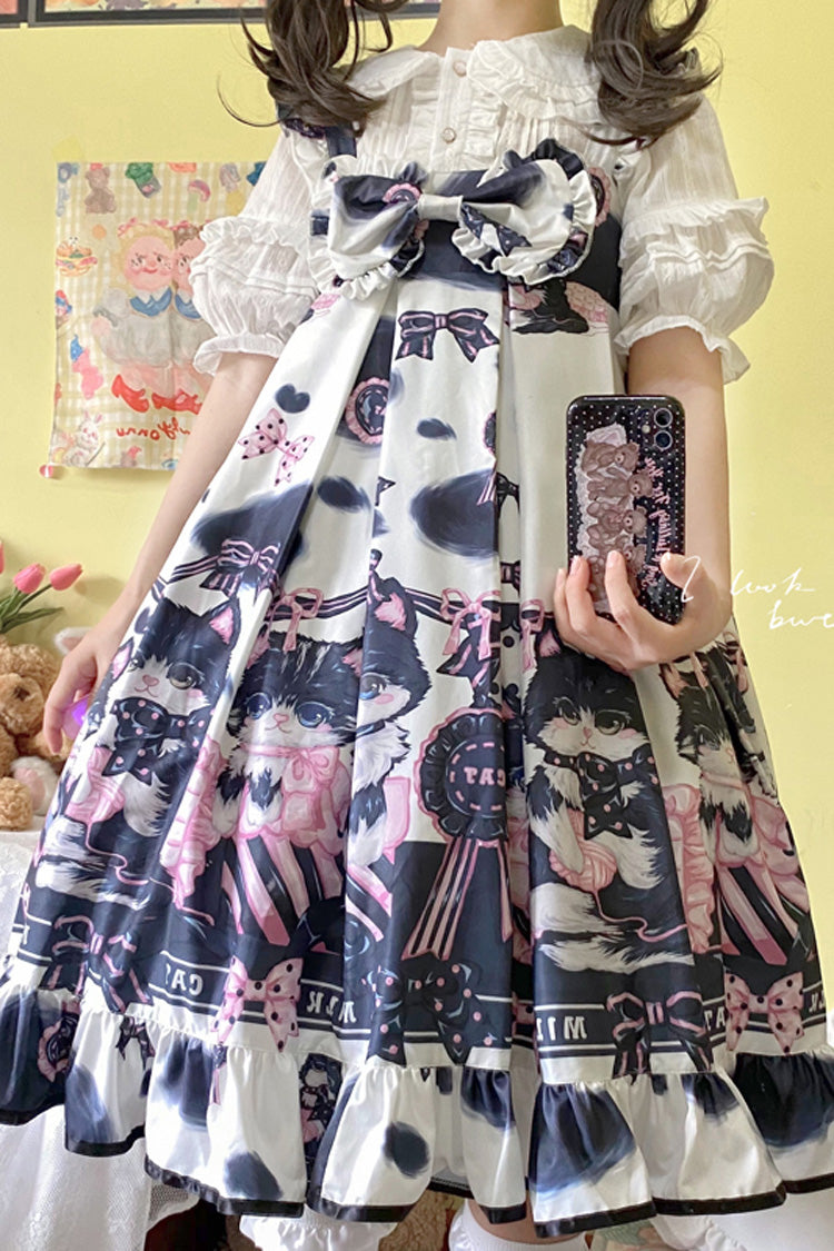 Cow Cat Print Ruffle Ribbon Sweet Lolita Jumper Dress