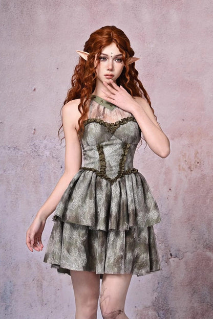 Light Green Halterneck Double-Layer Print Ruffle Lace Tie-Dye Vintage JSK Dress