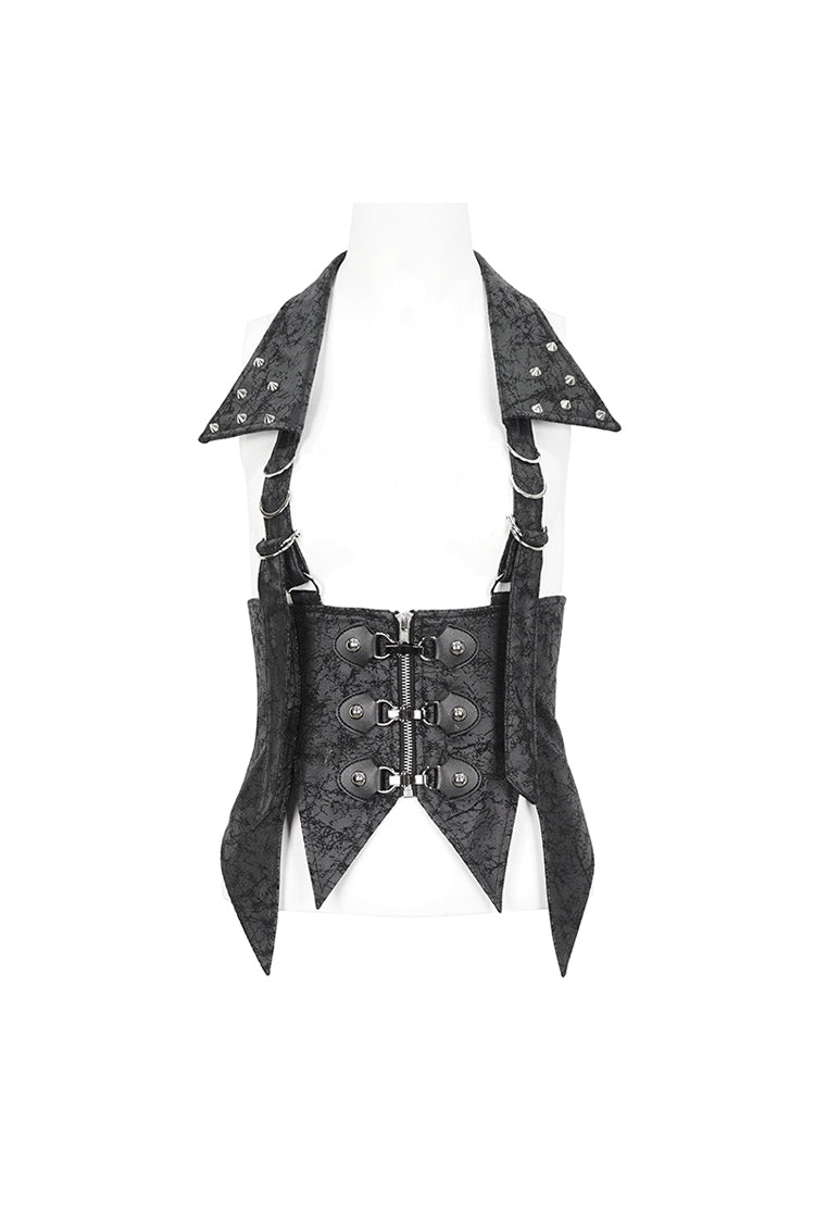 Lace-Up Black Asymmetric Gothic Vest with Detachable Collar