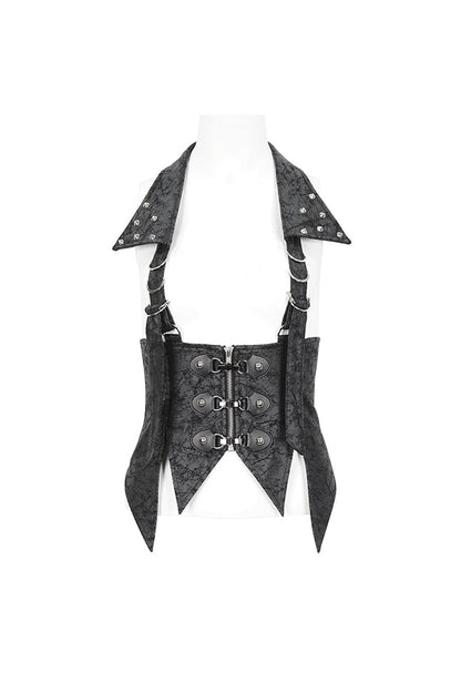 Lace-Up Black Asymmetric Gothic Vest with Detachable Collar