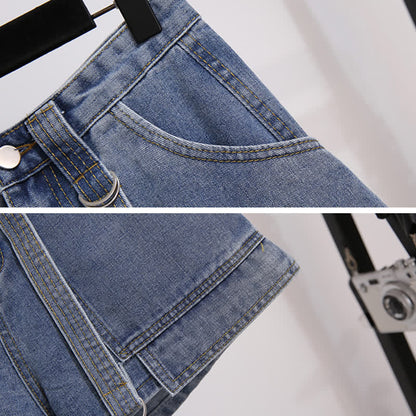 T-Shirt Stripe Pieces Denim Fake Pocketed Shorts Two Lapel