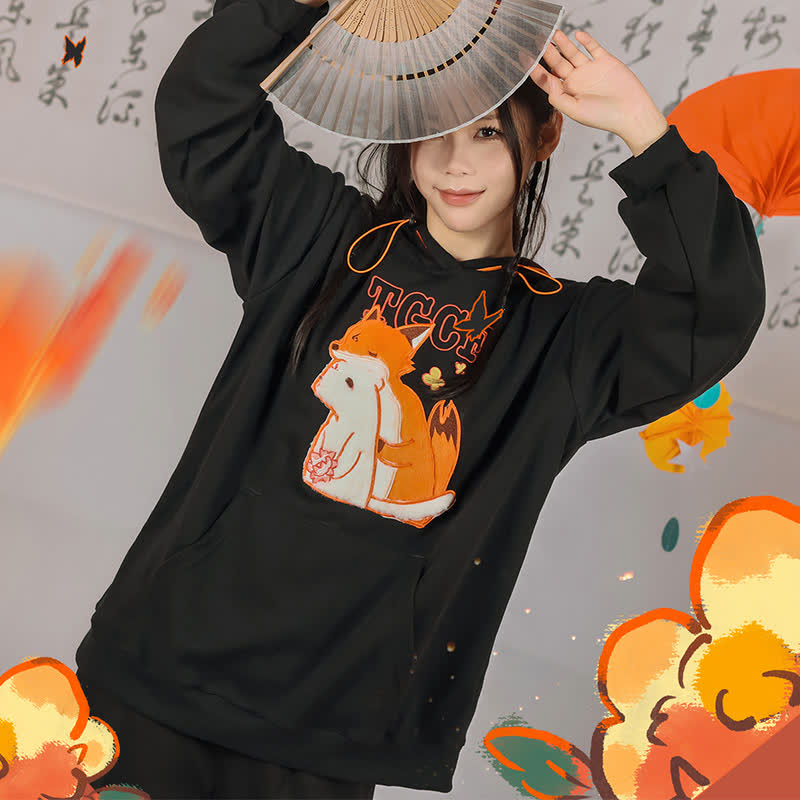 Fox Embroidery Pocket Loose Hoodie