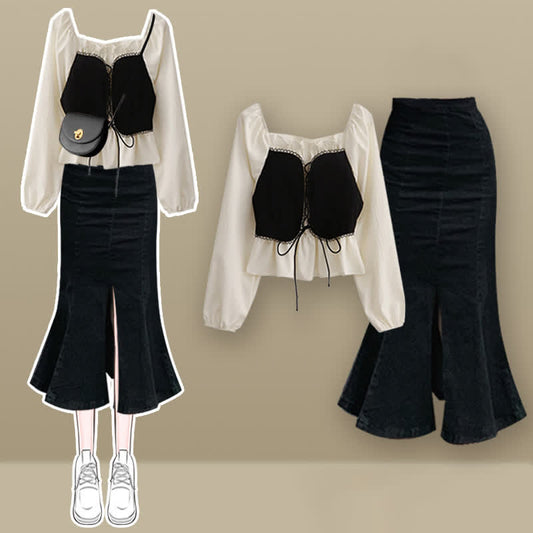 Collar Fishtail Sweet Lace Denim Set Square Skirt Shirt Up