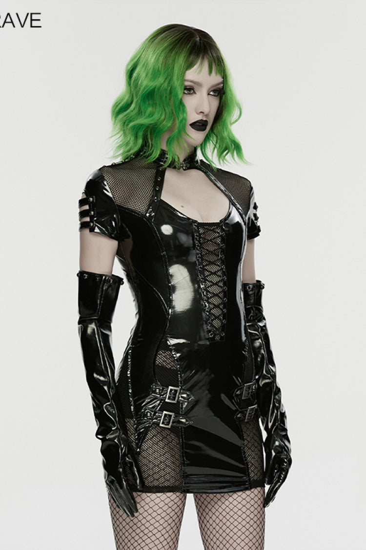Stand Collar Short Sleeve Spliced Lace-Up Slim Mesh Buckled Punk Dress